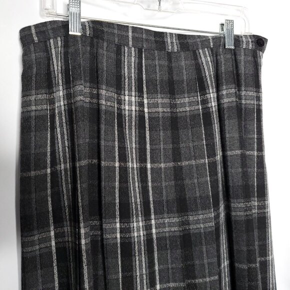 Vintage Herman Geist Pleated Plaid Maxi Skirt 14 Gray Black Preppy Academia - Picture 2 of 5